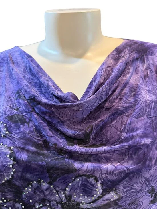 Dressbarn Size 3X Purple Drape-Front Floral Bling Embellished Stretch Blouse - Picture 4 of 9